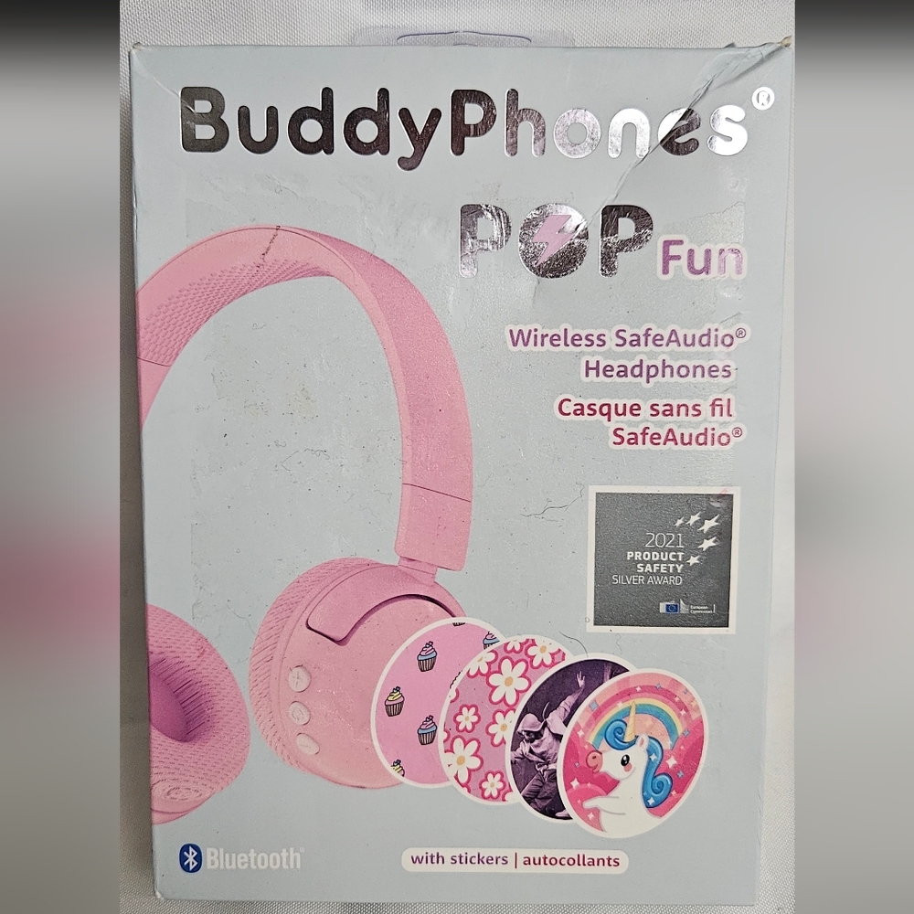Buddy Phones Pop Fun Wireless SafeAudio Headphones With Stickers In Pink-NIB
